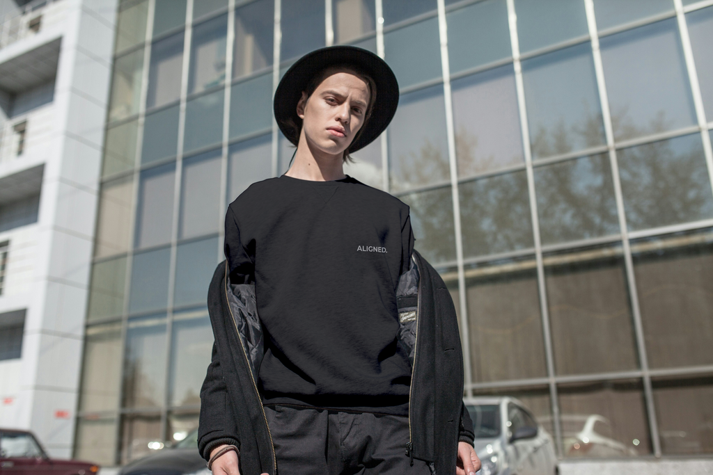 Aligned Sweatshirt | Front "ALIGNED. " | Back "Vertical Line Design" | Minimalist Unisex Sweatshirt