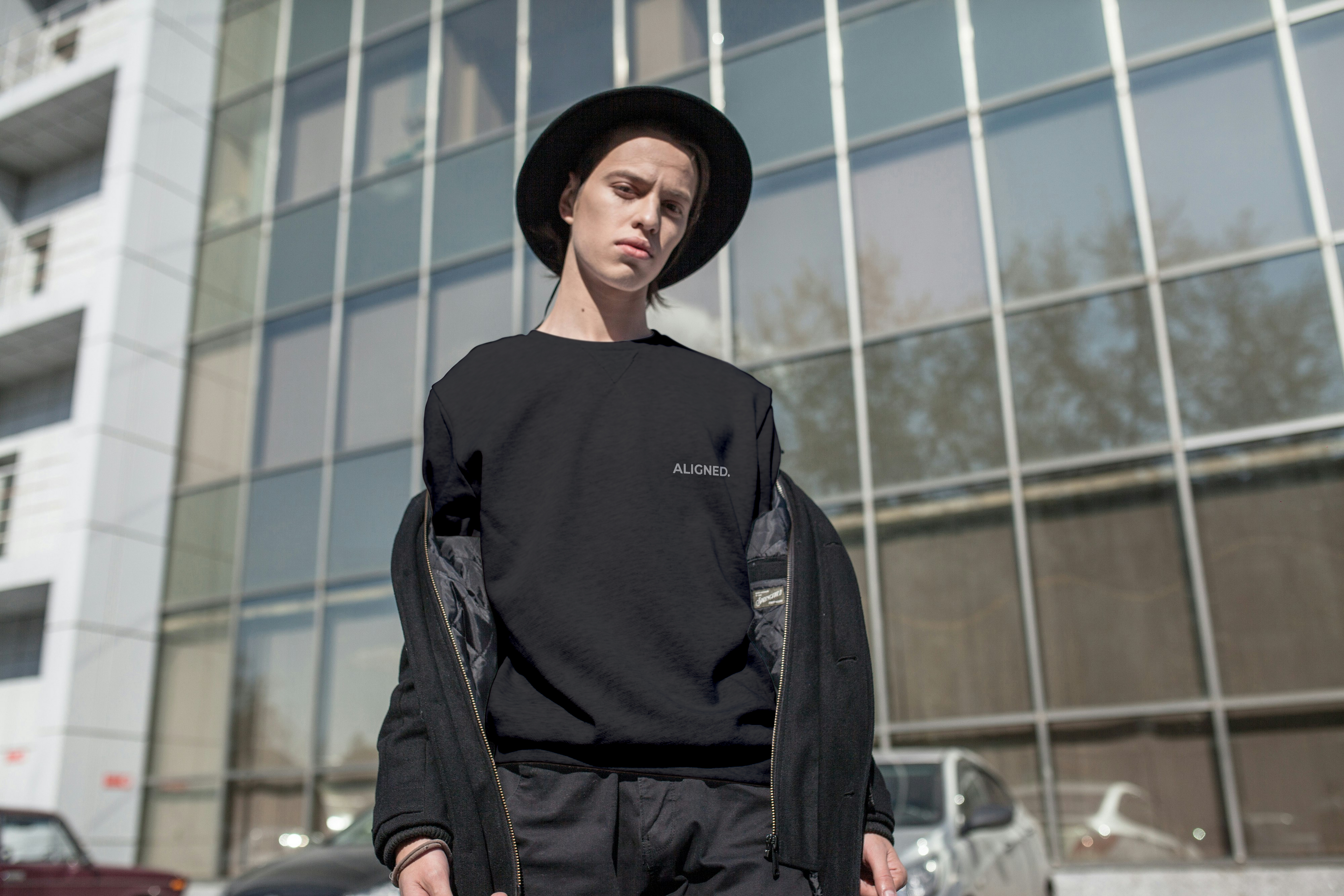 Aligned Sweatshirt | Front "ALIGNED. " | Back "Vertical Line Design" | Minimalist Unisex Sweatshirt